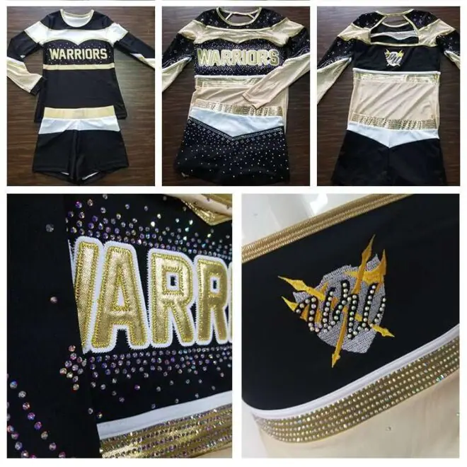 New Arrival Gold Rhinestones Cheerleading Uniform Mesh Tops and Skirt for Girls - Image 3