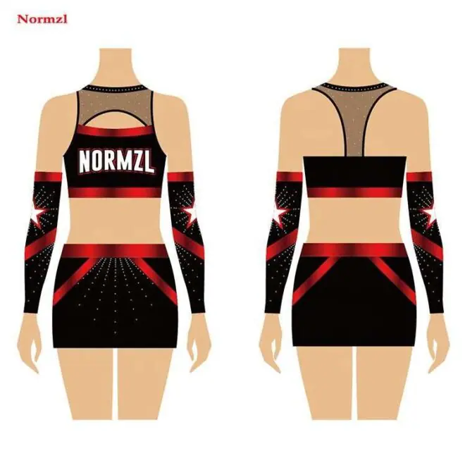 Normzl Wholesale Custom Fashion Red And Black Two Piece Long Sleeve Cheerleading Skirt Uniforms