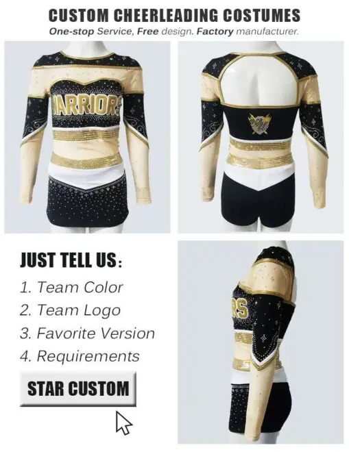 New Arrival Gold Rhinestones Cheerleading Uniform Mesh Tops and Skirt for Girls - Image 2