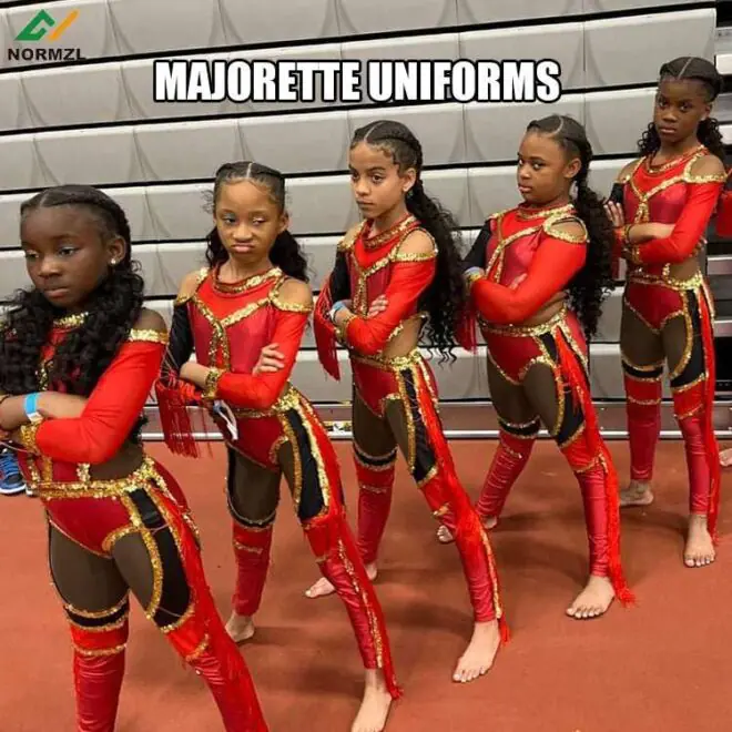 Red majorette jumpsuits dancewear shiny sequins fringe majorette outfit - Image 4