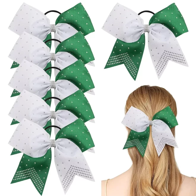 Glitter Cheer Bow Handmade green and white Large Ponytail Holder Elastic Band for Teen Girls Cheerleader Sports Hair Accessories - Image 2