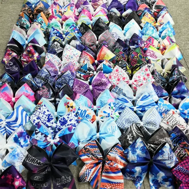 Normzl custom high quality sublimated print cheerleading hair bows OEM design rhinestone glitter cheer bows - Image 5