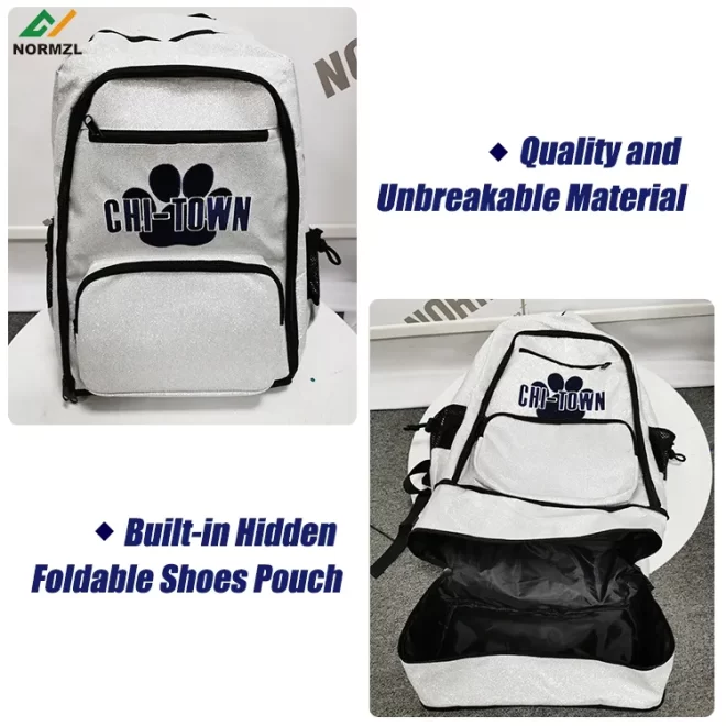 Normzl wholesale custom embroidery logo glitter cheerleading backpack design silver color sparkle cheerleader bags - Image 2
