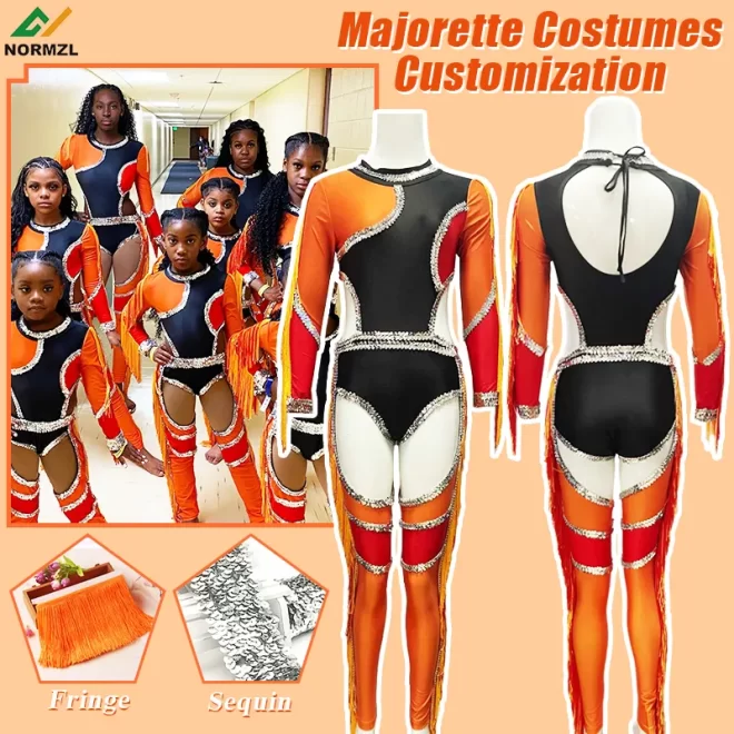 Wholesale spandex dancing outfit majorette costume with fringe custom kids majorette dance uniforms - Image 2