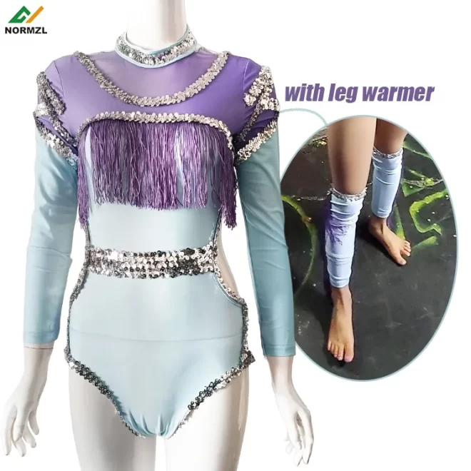 Normzl majorette fringe sequin dance outfit majorette leotards with foot warmer 2 piece majorettes uniforms blue - Image 2