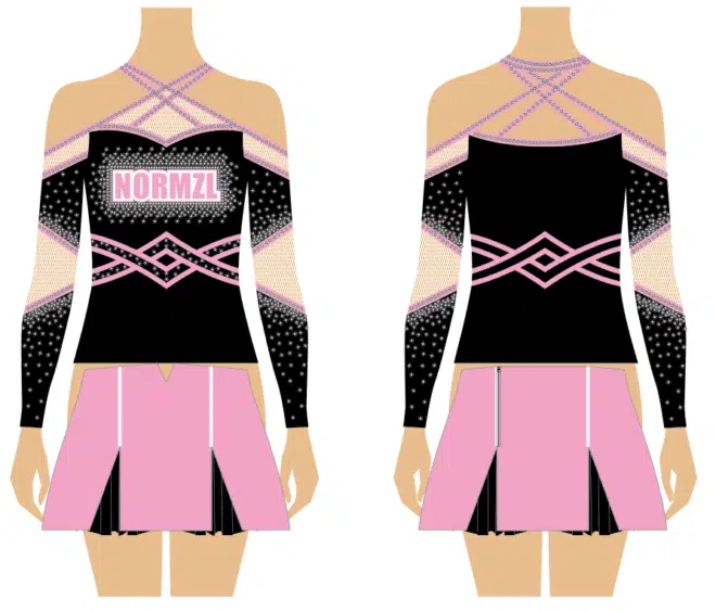 black red and white cheerleading uniforms