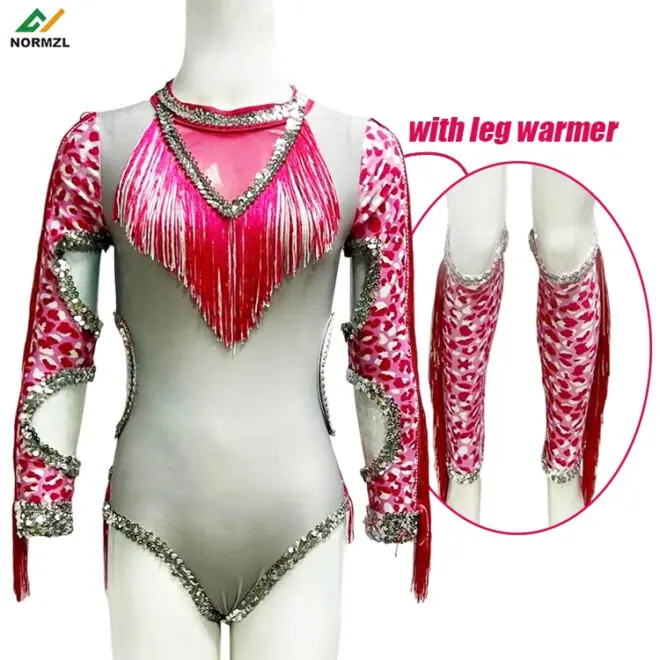 Normzl free design kids sequins and fringe majorette performance leotard costume pink and sliver majorette dance uniforms