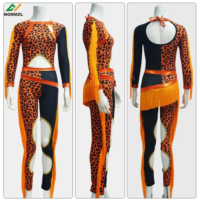 Custom sequin fringe majorette uniform dancewear leopard print long sleeve majorette dance costumes - Image 6