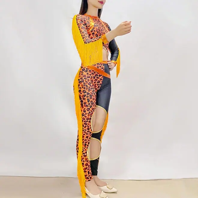 Custom sequin fringe majorette uniform dancewear leopard print long sleeve majorette dance costumes - Image 2