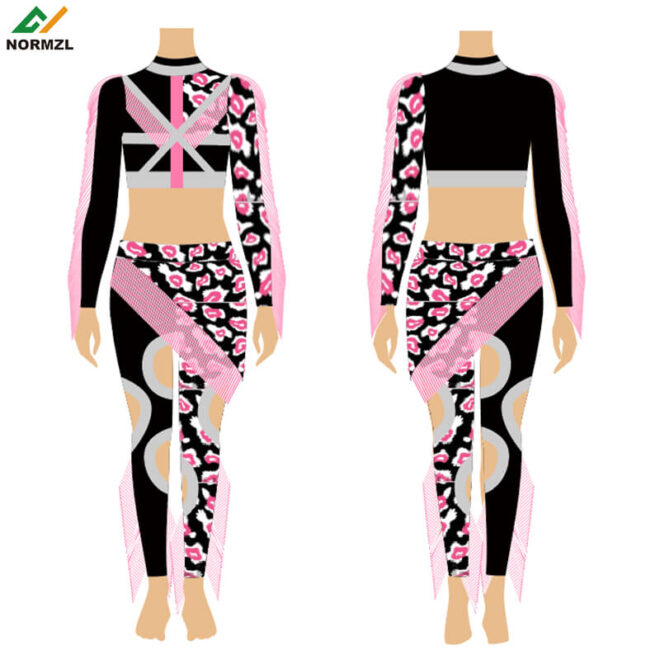 Fringes and sequins dance uniform custom kid majorette costumes sublimation pink and black majorette dance uniforms