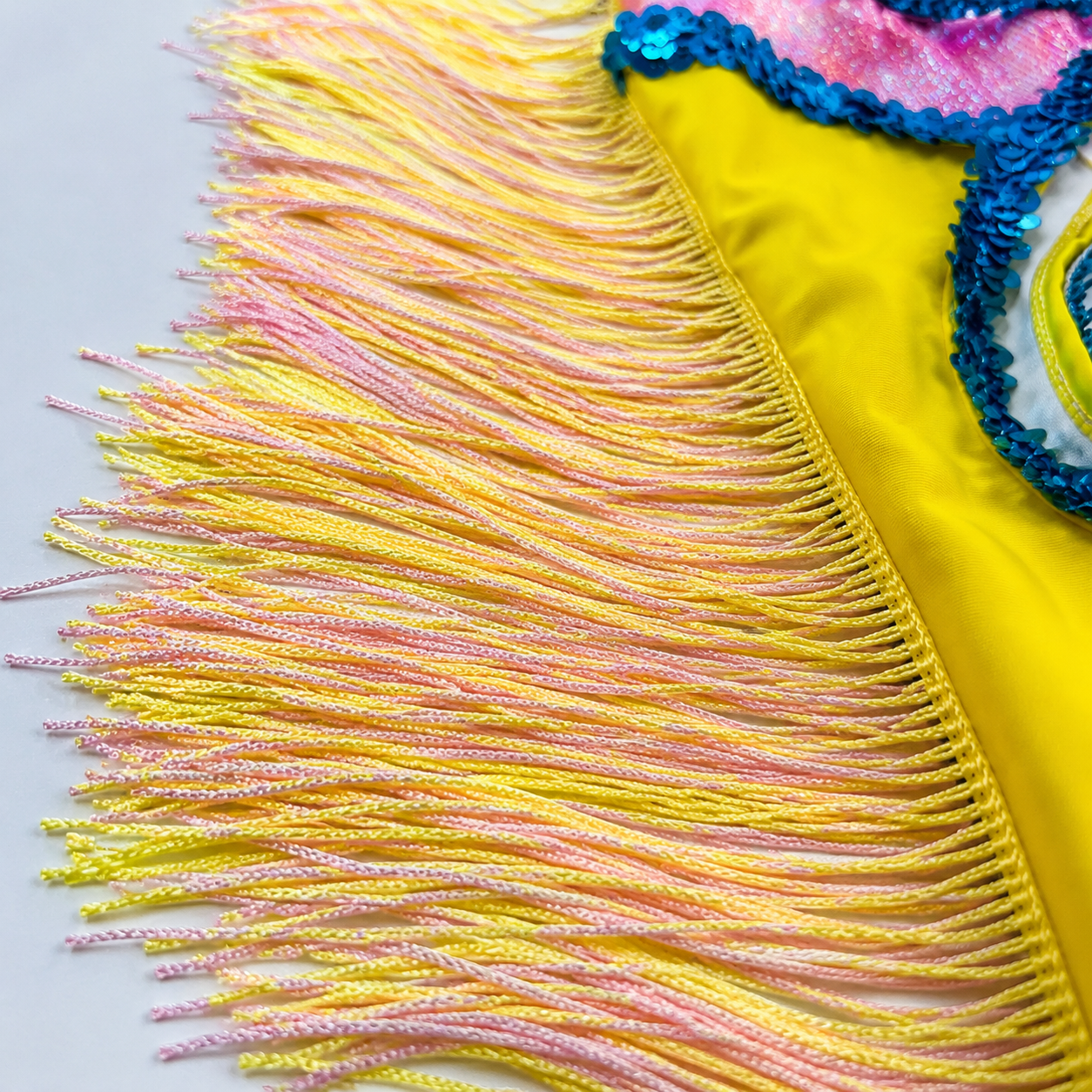 Close-up of yellow and pink thread fringe attached to a sequined majorette uniform