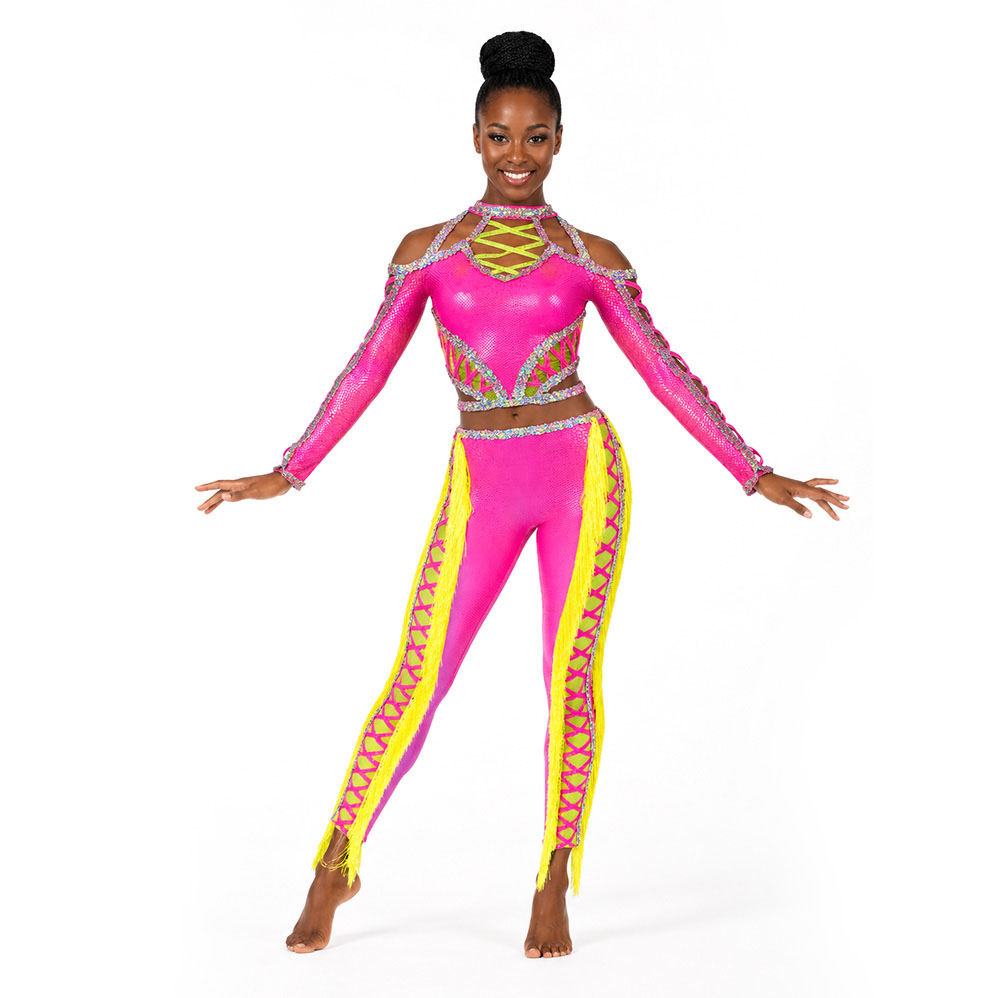 A majorette in a pink long-sleeve crop top and matching pants with yellow side-leg fringe