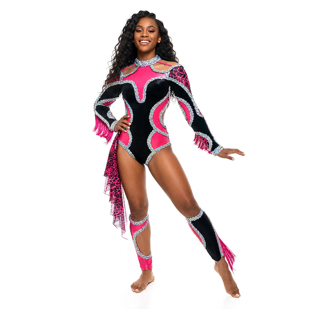 Model in a black and pink majorette uniform with pink fringe at the sleeves